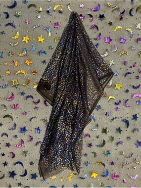 Fabric - Black Mesh with Rainbow Iridescent Stars and Moons